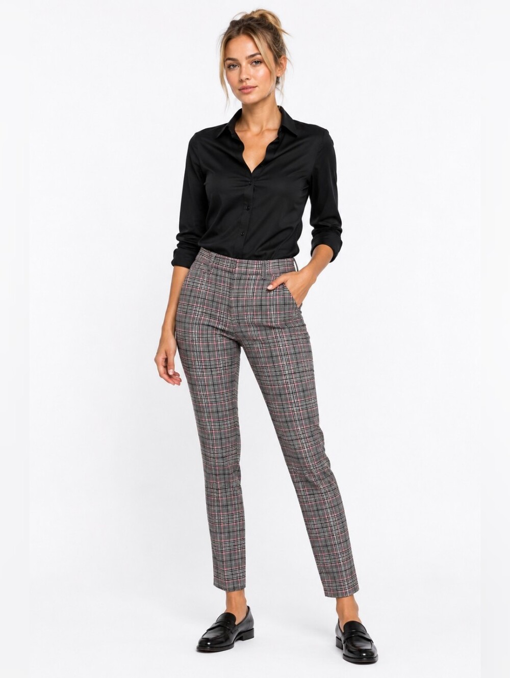 GAP Slim Plaid Trousers - Black, White & Pink